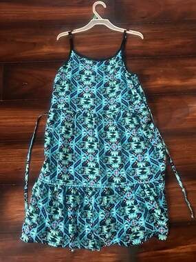 Justice Girls Blue Geometric Floral Tiered Strappy Sundress Size 18